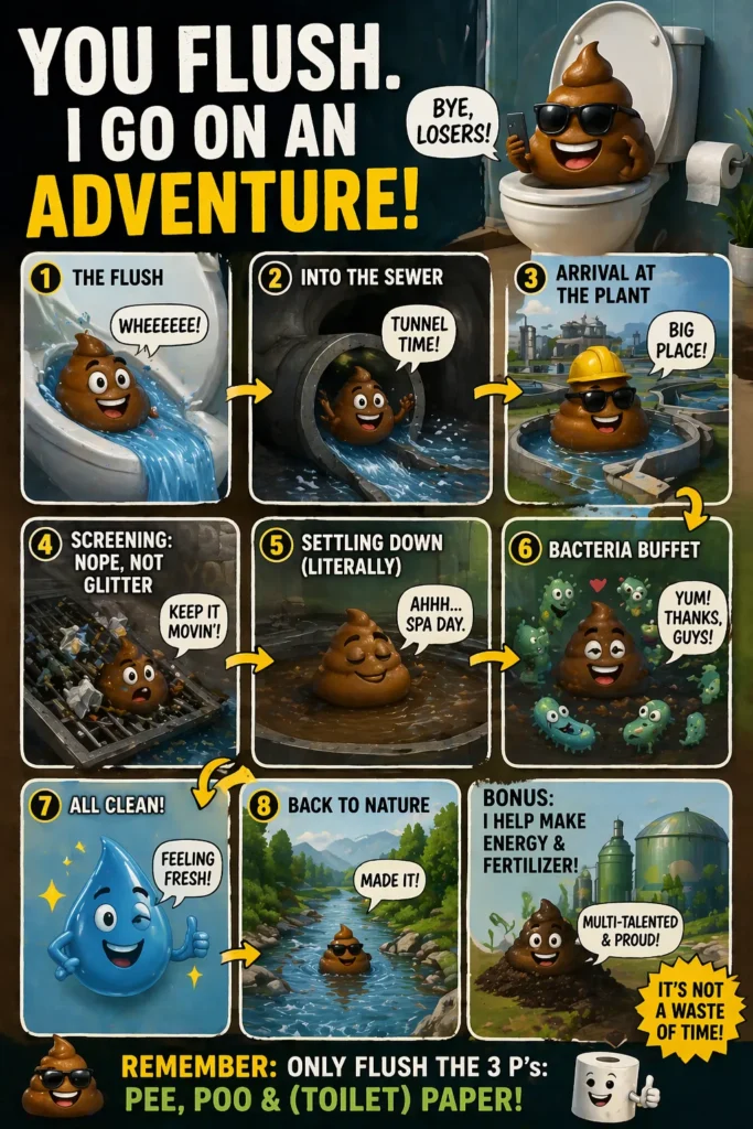 Pinterest image shows a funny meme about the journey of poo